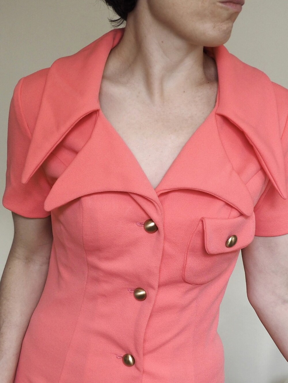 60s Vintage Mod Dress Double Dagger Collar Gogo Twiggy Coral Lou-Ette Mad Men